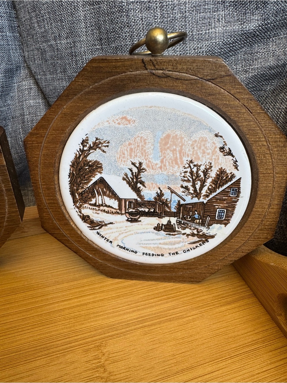 Set of 4 Vintage Currier & Ives Four Seasons Wood Framed Ceramic Wall Decor - Picture 7 of 9